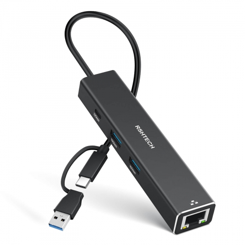 RSHTECH 4-Port USB 3.1/3.2 Gen2 Hub mit RJ45-Gigabit-Netzwerkanschluss und 10 Gbit/s USB-C und 2 USB-A-Datenanschlüssen, tragbarer Aluminium-USB-Typ-C