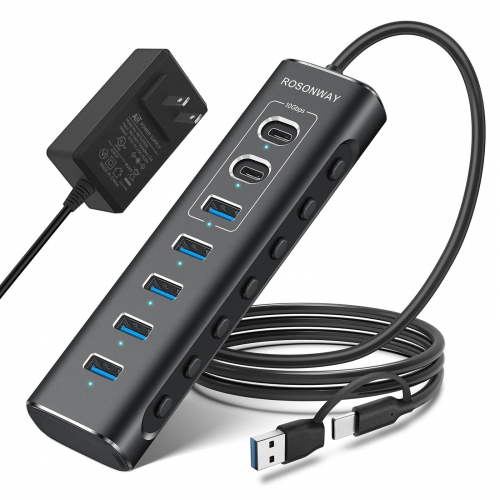 USB Hub Aktiv mit Netzteil, 7 Port USB 3.2/USB C Hub mitit 10Gbps USB-A 3.2, 2 USB-C 3.2, 4 USB 3.0 Ports, RSH-A107C