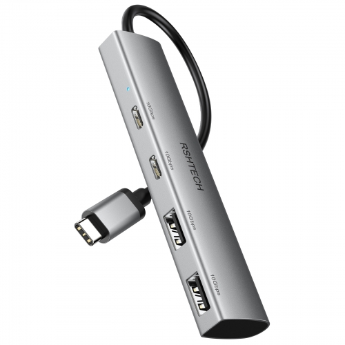 RSHTECH 4-Port-USB-C-Hub [USB 3.1/3.2 Gen2] Aluminium-USB-C-Hub-Multiport-Adapter mit 10 Gbit/s, 2 USB-C- und 2 USB-A-Datenanschlüssen (Grau, RX05)