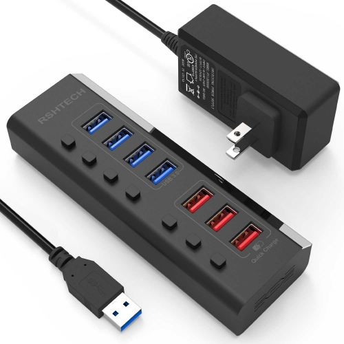 7 Ports Powered USB Hub with 4 Data Ports+3 Fast Charging Port(RSH-A37-B)