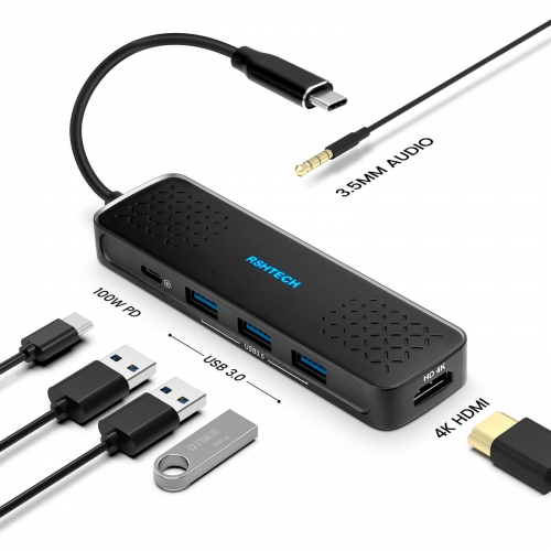 Aluminium 6-in-1 USB C Hub mit 3 USB 3.0 Datenports, 100W PD, 4K@30Hz HDMI, 3,5mm Audiobuchse, für USB C Gerät