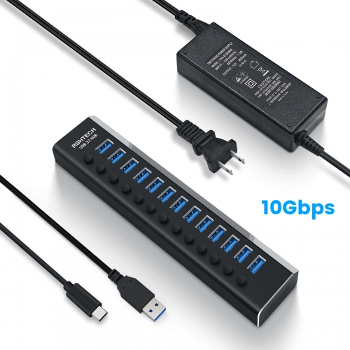USB 3.1 Hub bis zu 10Gbit/s, 13 Ports Aktiv mit 72W (12V/6A) Netzteil, Typ C und Typ A Kabel, RSH-A13