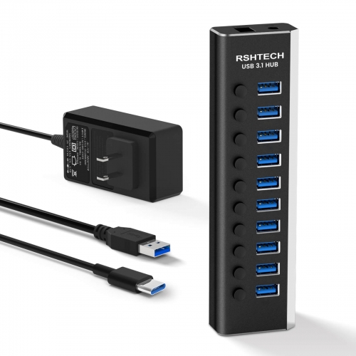 USB 3.1 Hub bis zu 10Gbit/s, 10 Ports Aktiv mit 12V/3A Netzteil, Typ C und Typ A Kabel, RSH-A10S
