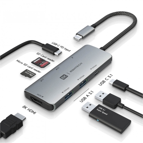 RSHTECH 7 IN 1 USB C Hub mit 10Gbps USB-C and 2X USB-A Datenport, 8K30Hz HDMI, 100W PD und SD/TF Kartenleser (RSH-T02)