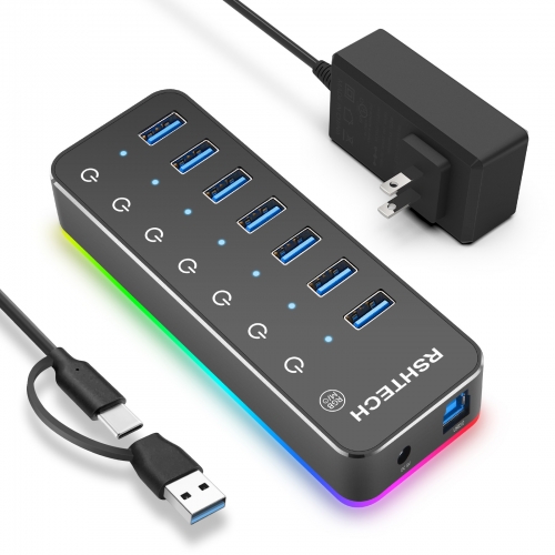RSHTECH RGB 7-Port USB 3.0 Hub,USB 3.0/USB C Hub Aktiv mit 14-Modus-RGB-LED-Streifen, RSH-518R