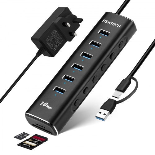 RSHTECH 8-Port Powered USB C /USB 3.1/3.2 Gen2 Hub, Aluminium USB Splitter mit 6 USB-A Datenanschlüssen + SD/TF Kartenleser, RSH-A107D