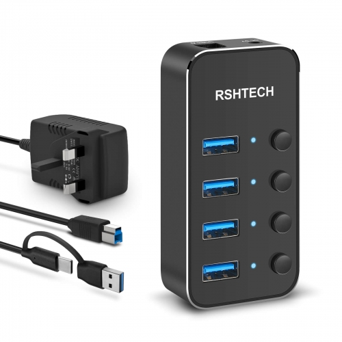 RSHTECH 4-Port Powered USB 3.0 /USB C Hub, Aluminium USB Splitter USB 3.0 Extension Hub mit 2-in-1 USB Type A /C Kabel und 5V/2A Netzteil (RSH-ST04)