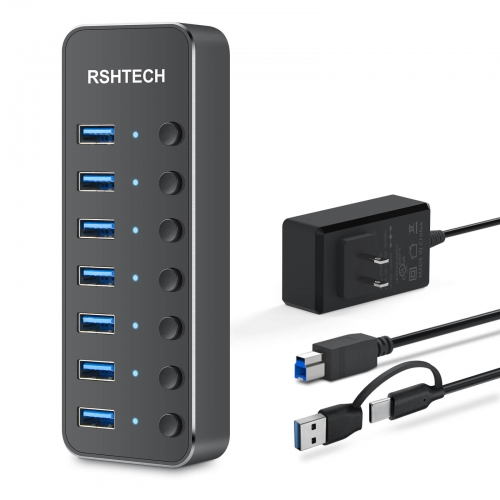 RSHTECH USB Hub Aktiv 3.0 mit Netzteil, 7 Port USB 3.0/USB C Hub Upgraded Version Aluminium USB Hub mit 2 in 1 USB Kabel, 5V 3A Power Adapter und indi