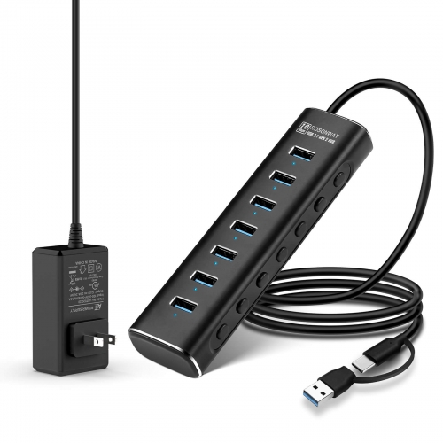 Rosonway USB Hub Aktiv mit Netzteil, 7 Port USB 3.2/USB C Hub Aluminium USB Hub mit 2 in 1 USB Kabel, 24W Power Adapter