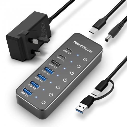 7-Port-USB-A/C-Hub mit Stromversorgung, 10 Gbit/s USB-A und 2 USB-C-Datenanschlüssen, 4 USB-A 3.0-Anschlüssen, 5-V-Netzteil und 1 m USB-A/C-Kabel, RSH