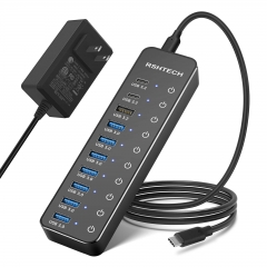 USB Hub 3.2 Aktiv mit Netzteil - Mit 3 10Gbps USB 3.2 und 7 5Gbps USB 3.0 - Insgesamt 10 Port (8*Type-A, 2*Type-C) - Mit Touch-Schaltern, 1m Datenkabe