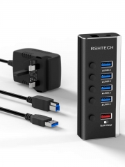 USB-Hub mit 5 Anschlüssen und 4 Datenanschlüssen + 1 Schnellladeanschluss (RSH-A35,Aluminum )