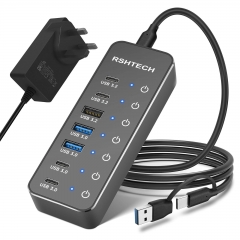 USB-Hub mit 7 Anschlüssen, 3x USB 3.2-Datenanschlüsse mit 10 Gbit/s (2C+1A), 4x USB 3.0-Anschlüsse mit 5 Gbit/s (2C+2A) und ein langes USB-C/A-Kabel,