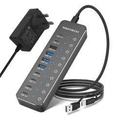 10-Port Powered USB C Hub mit 3x 10Gbps USB 3.2 Datenanschlüssen (2C+1A), 7x 5Gbps USB 3.0 Anschlüssen (4C+3A) und 12V/5A 60W, ST10C-6