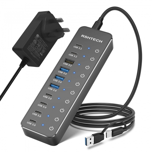10-Port Powered USB C Hub mit 3x 10Gbps USB 3.2 Datenanschlüssen (2C+1A), 7x 5Gbps USB 3.0 Anschlüssen (4C+3A) und 12V/5A 60W, ST10C-6