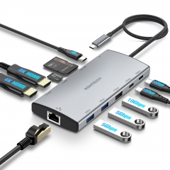Docking Station Dual Monitor, 11-in-1 USB C Hub mit Dual HDMI 8K/4K, Gigabit Ethernet Adapter, 3x 10Gbps USB 3.2 (2C+1A), 2x USB 3.0 Ports, 100W PD un