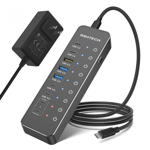 10 Port USB C Hub mit 3x 10Gbps USB-3.2 (2C + 1A), 4 USB 3.0 Ports (2C + 2A), 2 USB-C PD Fast Charging Ports und PD 100W,  66W Netzadapter