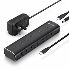 10 Gbps aktiver USB-Hub, Aluminium 36 W USB-C-Hub mit 7 x 10 Gbps USB-C 3.2 Datenports, 12 V/3 A Netzteil und 1 m abnehmbarem Kabel, geeignet für Lapt